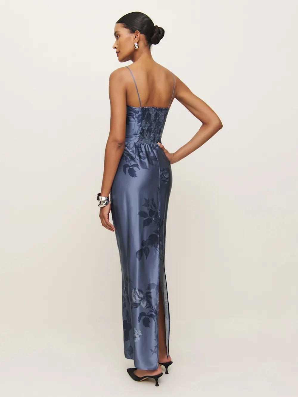 Reformation Navy Blue Floral Satin Maxi Dress - Picture 2 of 12